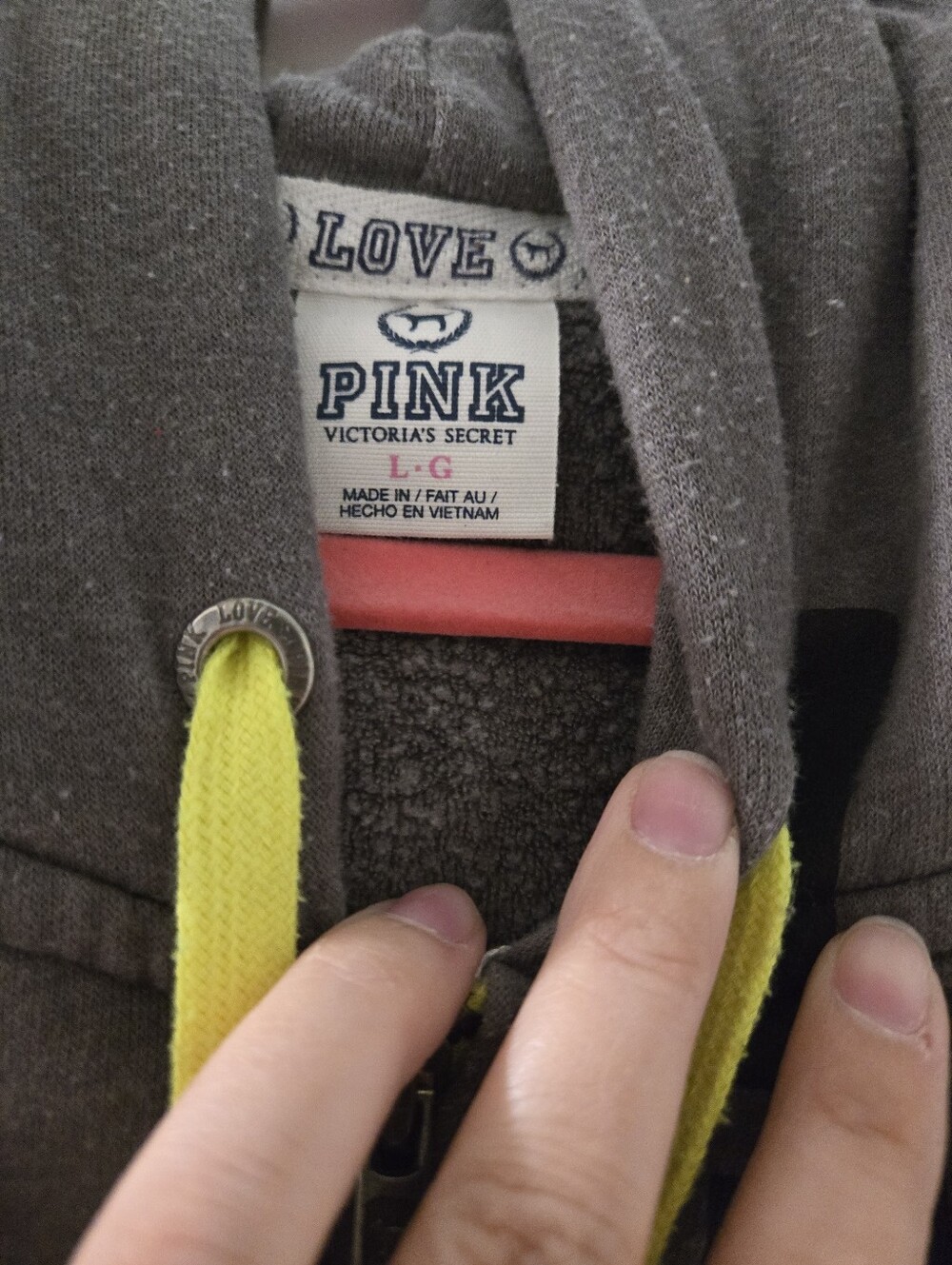 PINK Victoria's Secret Gray Hoodie with Neon Yellow Drawstrings - Picture 2 of 4